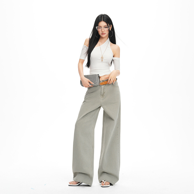 Raccoon House # 26 Years of Spring and Summer New Styles of Low-Saturation Active Dyeing Washed High-Waisted Loose Casual Straight-Leg Jeans for Women