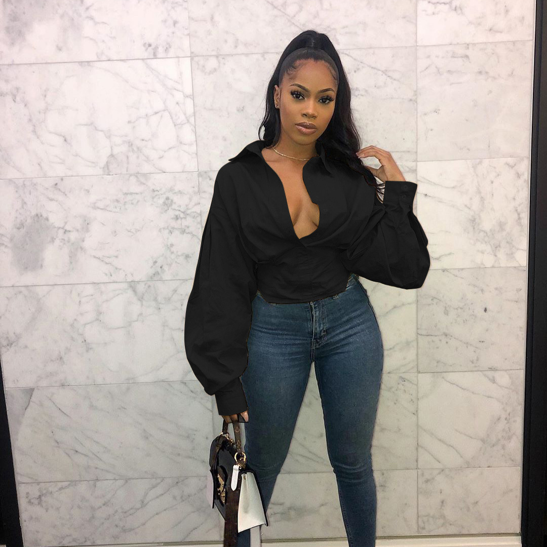 Women's Clothing Slim Fit Elegant Solid Color Lantern Sleeve Shirt Casual American Style Top For Spring/Autumn Summer_voghion.com