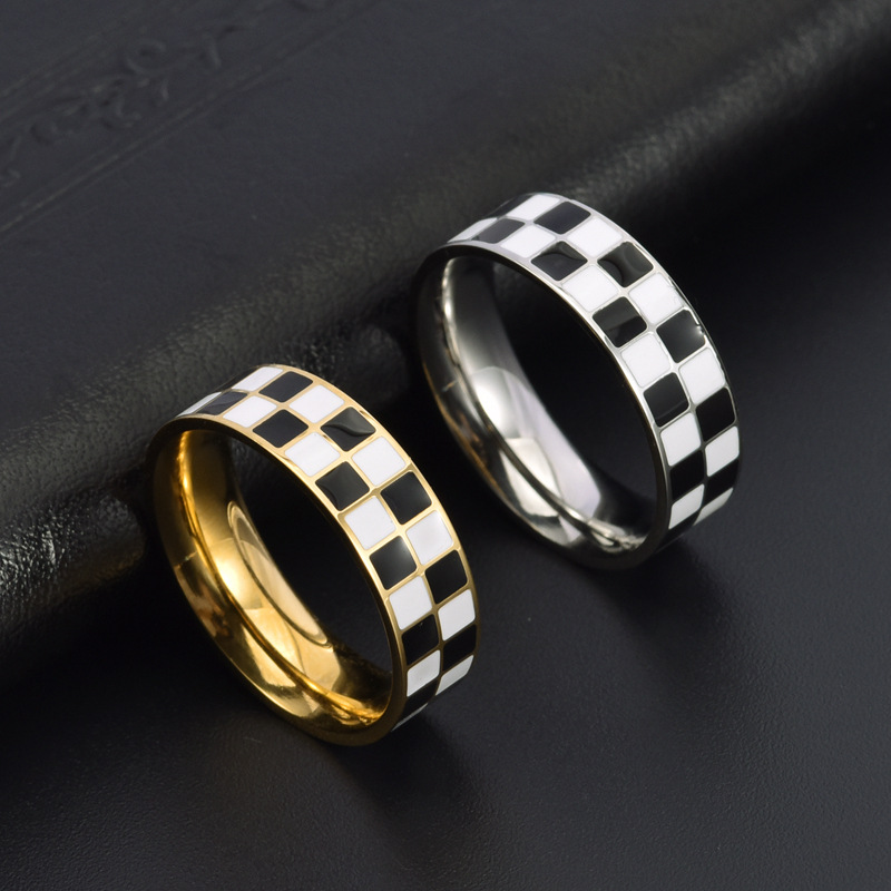Stainless Steel Simple Style Geometric Checkered Enamel Rings display picture 2