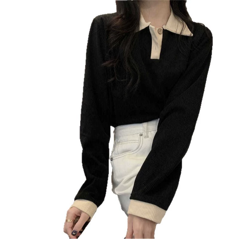 Осенняя тонкая поло кофта с длинным рукавом, обтягивающий/оверсайз варианты, хаки/абрикос/черный, размеры S–2XL