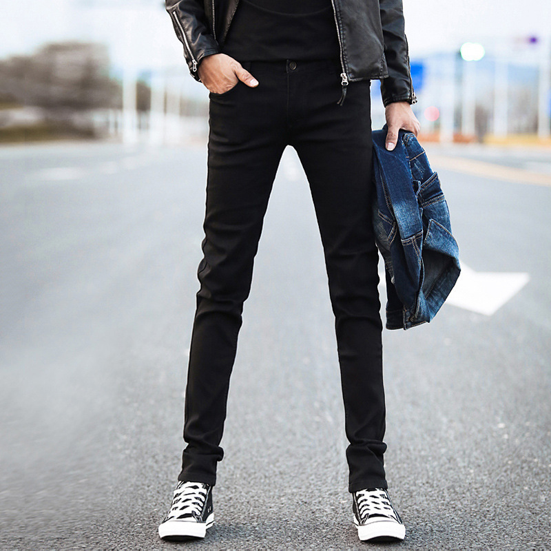 Spring and Autumn Black Stretch Jeans for Men, Korean Style Slim Fit Skinny Pants, Men's Casual Pants, Trendy Brand Men's Clothing, Cropped Pants