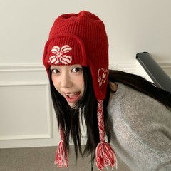 韩版秋冬新款提花针织护耳雷锋帽子女百搭保暖毛线帽显脸小辫子帽