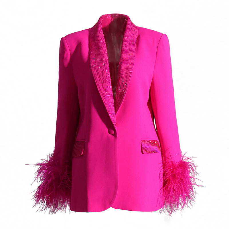 European and American style Autumn New elegant small suit women's fashionable neckline rhinestone feather stitching slim slimming coat European and American style Autumn New elegant small suit women's fashionable neckline rhinestone feather stitching slim slimming coat