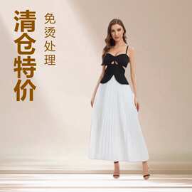 跨境拼接吊带连衣裙女黑白显瘦百褶长裙欧美风时尚优雅裙跨境风格