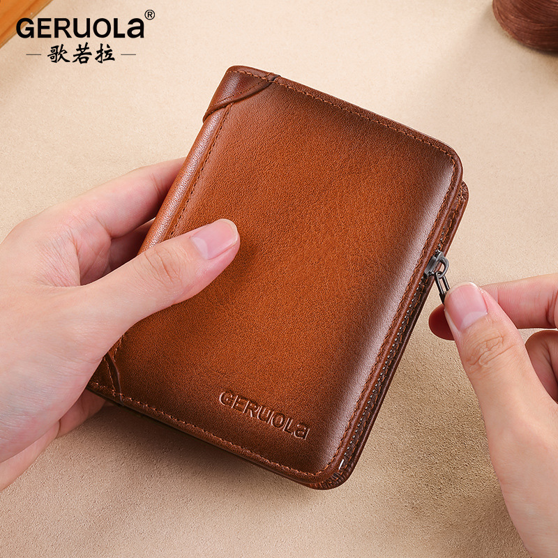 Cartera de hombre de piel de ungüento de color transfronterizo, cepillo antirrobo, billetera ultrafina, piel de vaca de primera capa, billetera corta de tres pliegues para hombre
