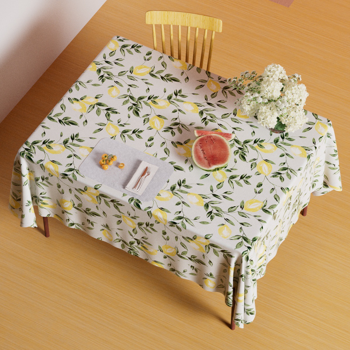 Scandinavian Style Tablecloth Pvc Non-Woven Waterproof and Oil-Proof Wipeable Tablecloth Simple Style No-Wash Lemon Leaf Tablecloth