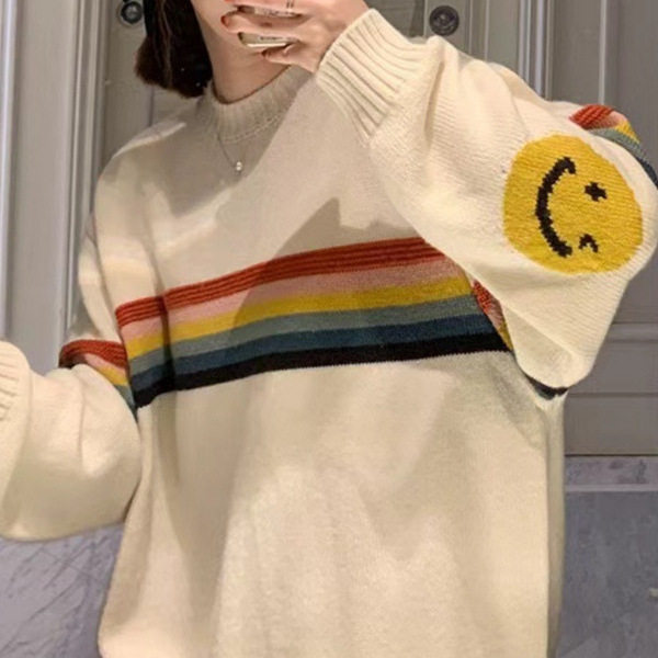Stylish and Fun Smiley Rainbow Striped Sweater for Women, 2026 Autumn New Arrival, Casual Loose-Fit Round Neck Knitwear