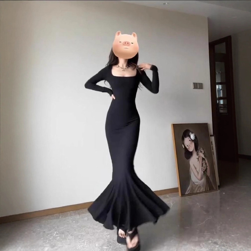 Step by Step Lotus Fishtail Skirt Pure Desire Hot Girl Slim Fit Solid Color Square Neck Long Sleeve Hip-Hugging Elegant Long Dress for Women
