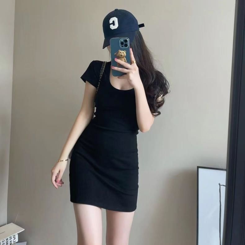 Black European and American Style Spicy Girl U-Neck Short-Sleeve Dress for Women, New Slim-Fit Elastic Basic Bodycon Mini Dress Black European and American Style Spicy Girl U-Neck Short-Sleeve Dress for Women, New Slim-Fit Elastic Basic Bodycon Mini Dress