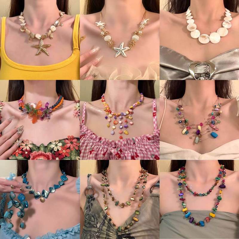 ヨーロッパとアメリカのレトロなカラフルなシェルペンダントネックレスライト高級ニッチファッション鎖骨チェーンデザインニッチネックレス卸売|undefined