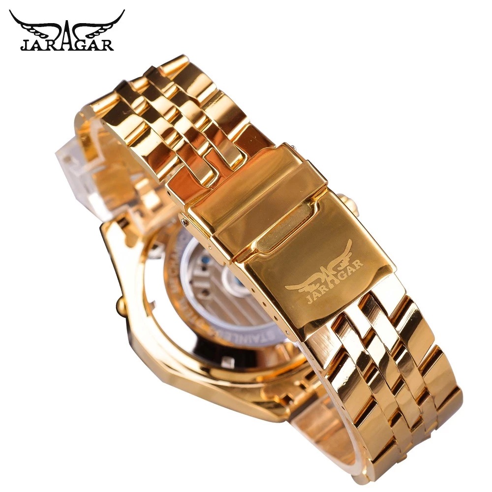 Jaragar Calendário Semana 24 Horas Exibição Relógio Turbilhão Masculino Ouro Banda de Aço Inoxidável Relógio Mecânico_voghion.com