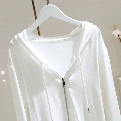 Zippered Hooded Sweatshirt Top for Women, White, Long-Sleeved, Autumn, Fitted, Slimming, Short-Sleeve, Drop-Shipped