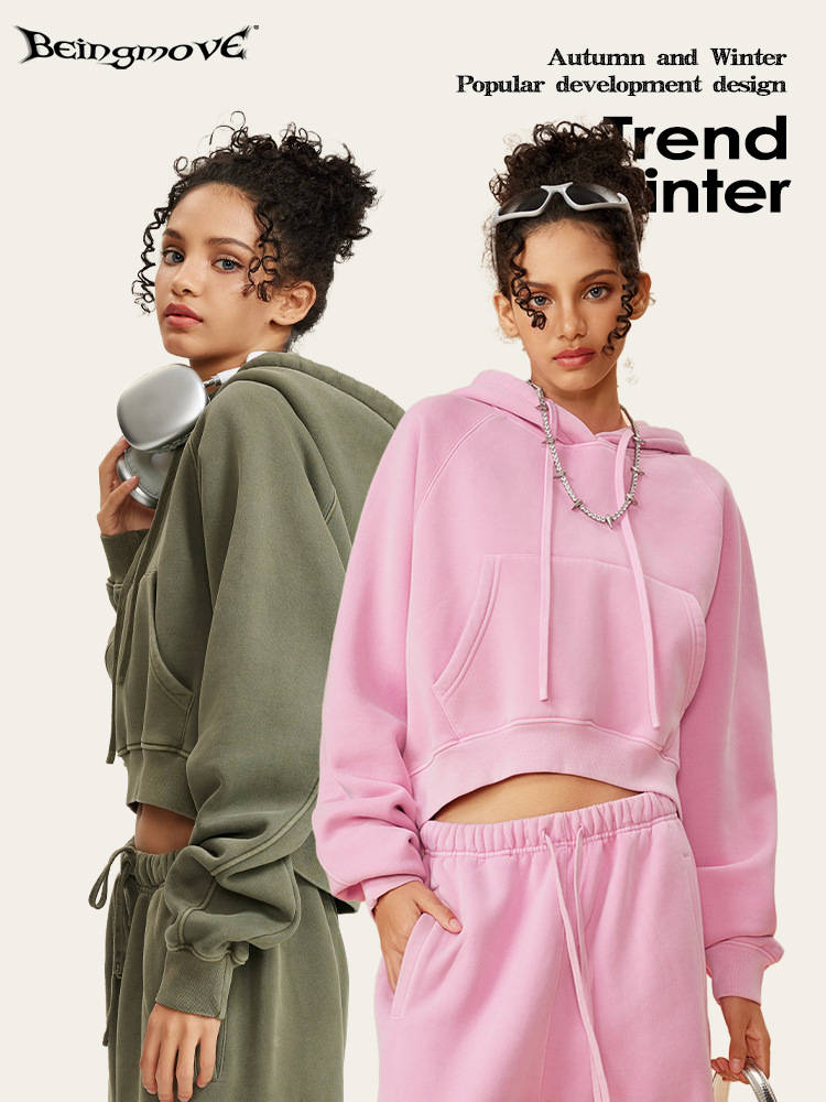 2025 otoño e invierno marca de moda europea y americana chica caliente con capucha sudadera con capucha retro lavada para mujer suéter corto con capucha de terciopelo para mujer
