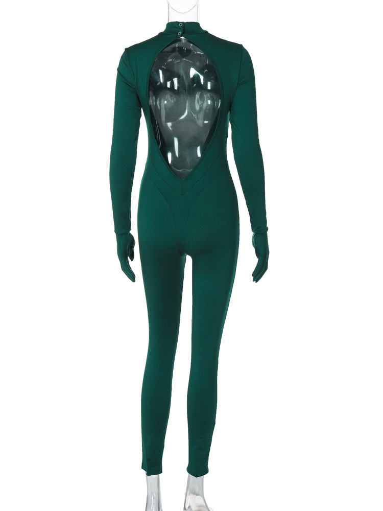 2024 Spring Thin Fleece Bottom Sexy Open Back Round Neck Pullover Long Sleeve Gloves Tight Jumpsuit_voghion.com