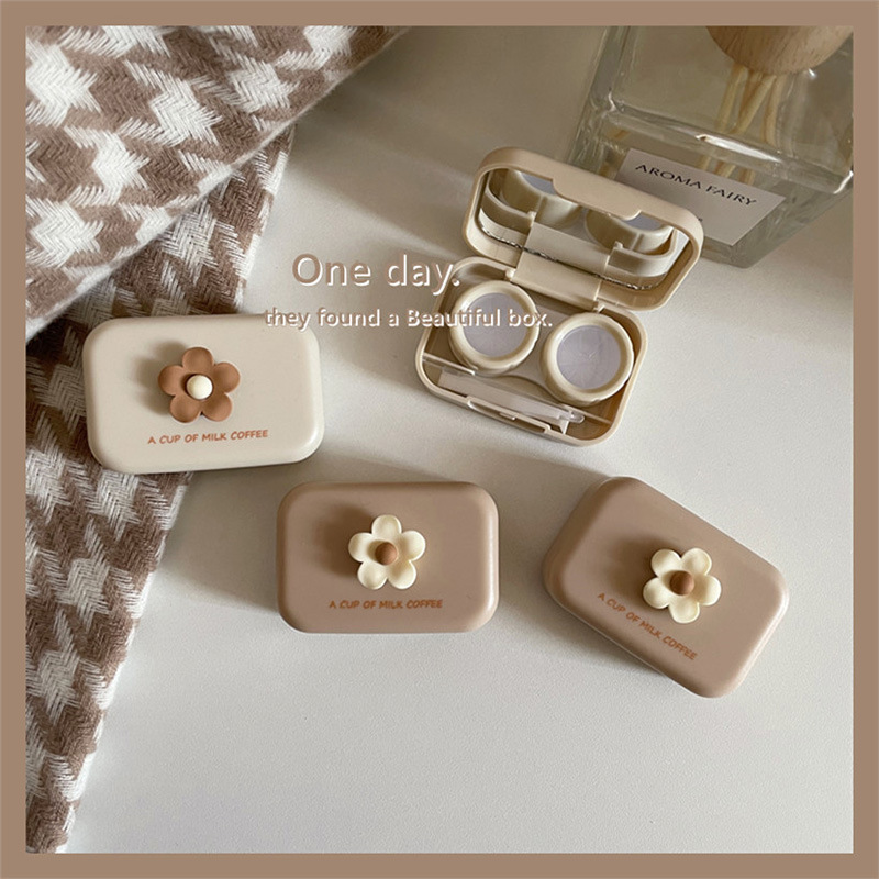 Milk Tea Warm Color Three-Dimensional ins Style Beautiful Pupil Box Small Portable Double Couple Box Contact Lens Box Flower B49