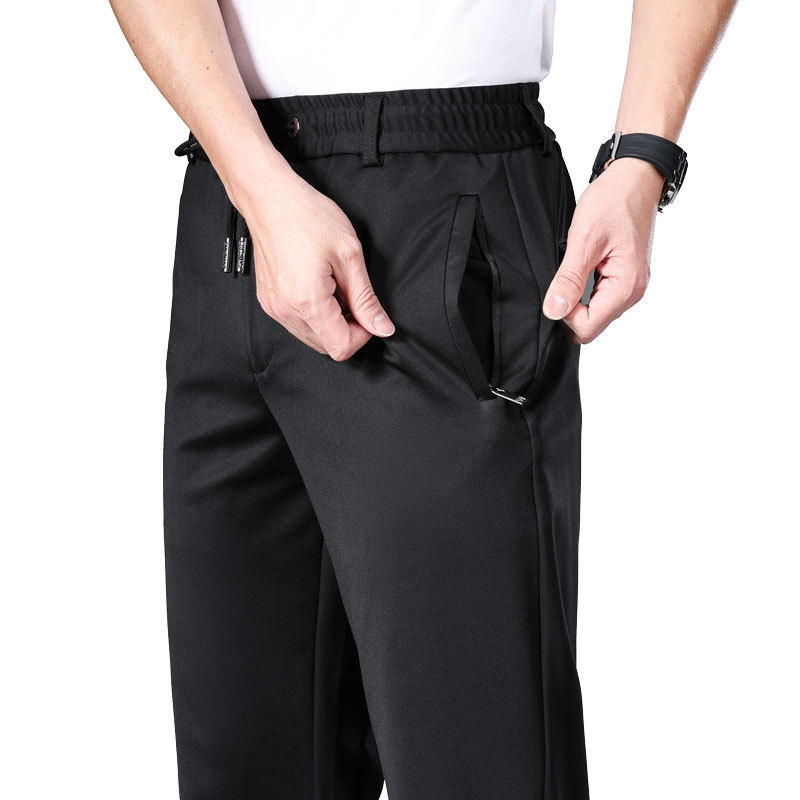 Pantalones de hombre de cintura elástica de verano, pantalones casuales de negocios elásticos rectos sueltos, pantalones deportivos ligeros para jóvenes y de mediana edad, pantalones de seda helada