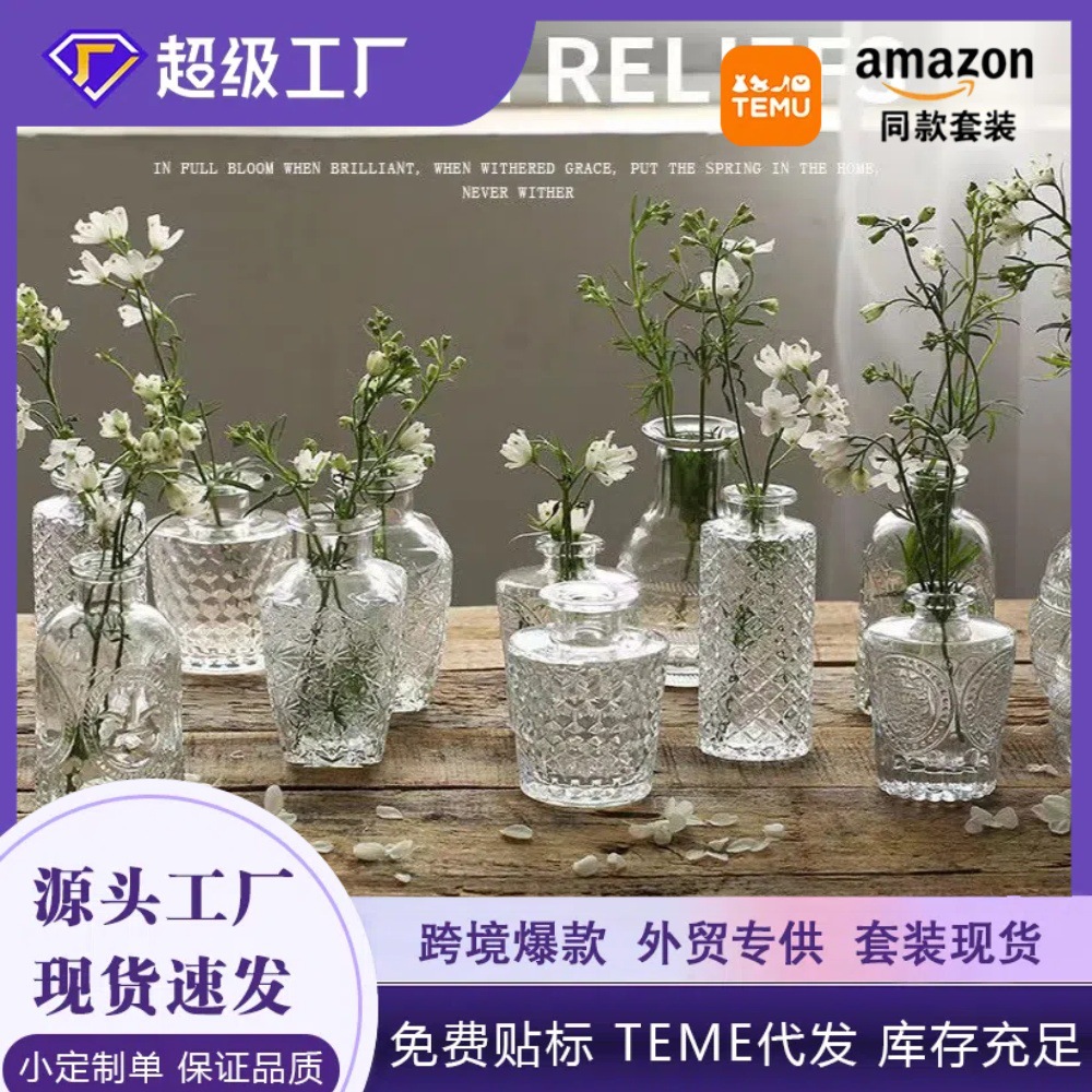 Venta al por mayor precio especial nórdico estilo ins jarrón de vidrio bambú rico agua flor arreglo floral combinación retro decoración de escritorio