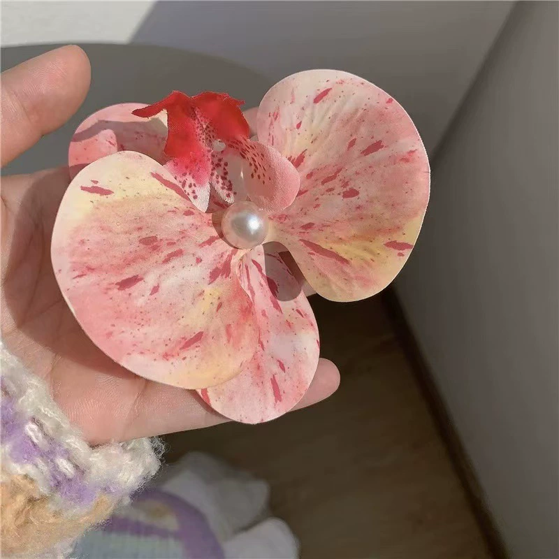 Заколка для волос Phalaenopsis орхидея, боковая короносная заколка с жемчужиной в центре, многоцветная флористическая аксессуар