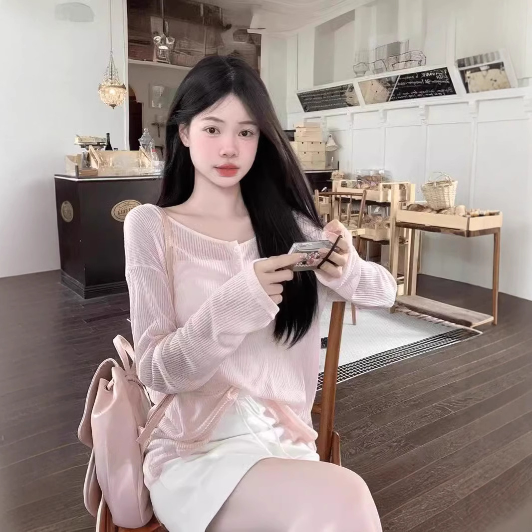 Irina ~ Lazy Style Slimming Look Loose Outer Top Pure Desire Backless Pink Sun Protection Blouse Women's Lace-Up Blouse