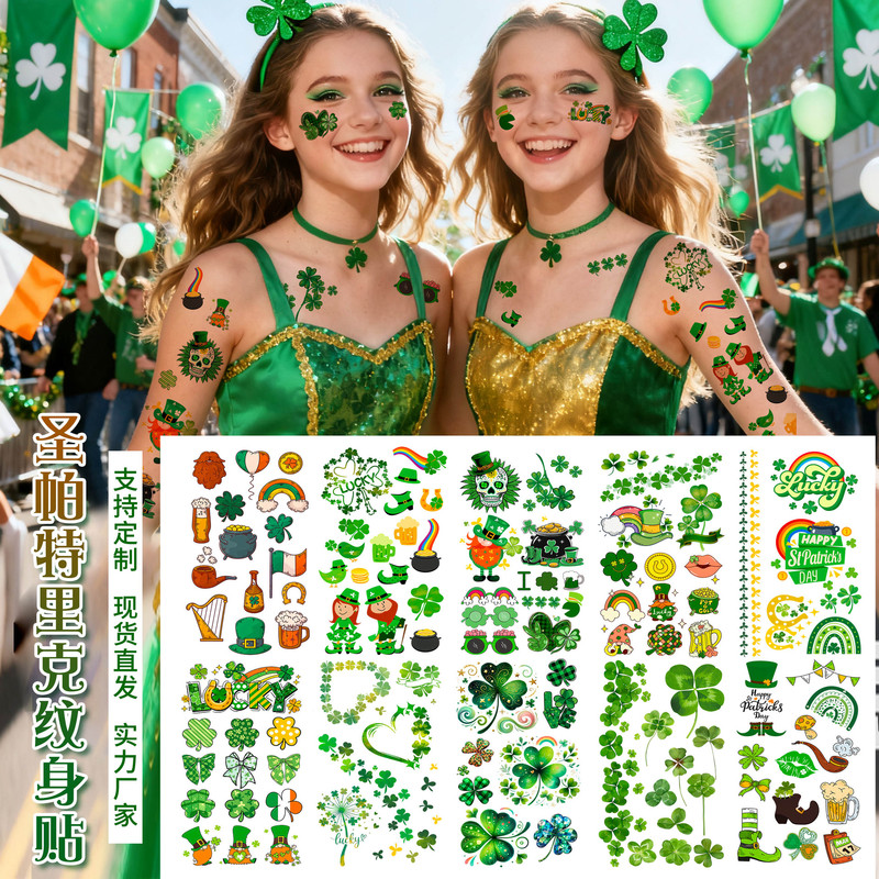 Cross-Border New Product St. Patrick's Day Tattoo Stickers Irish Holiday Party Clover Temporary Makeup Face Stickers