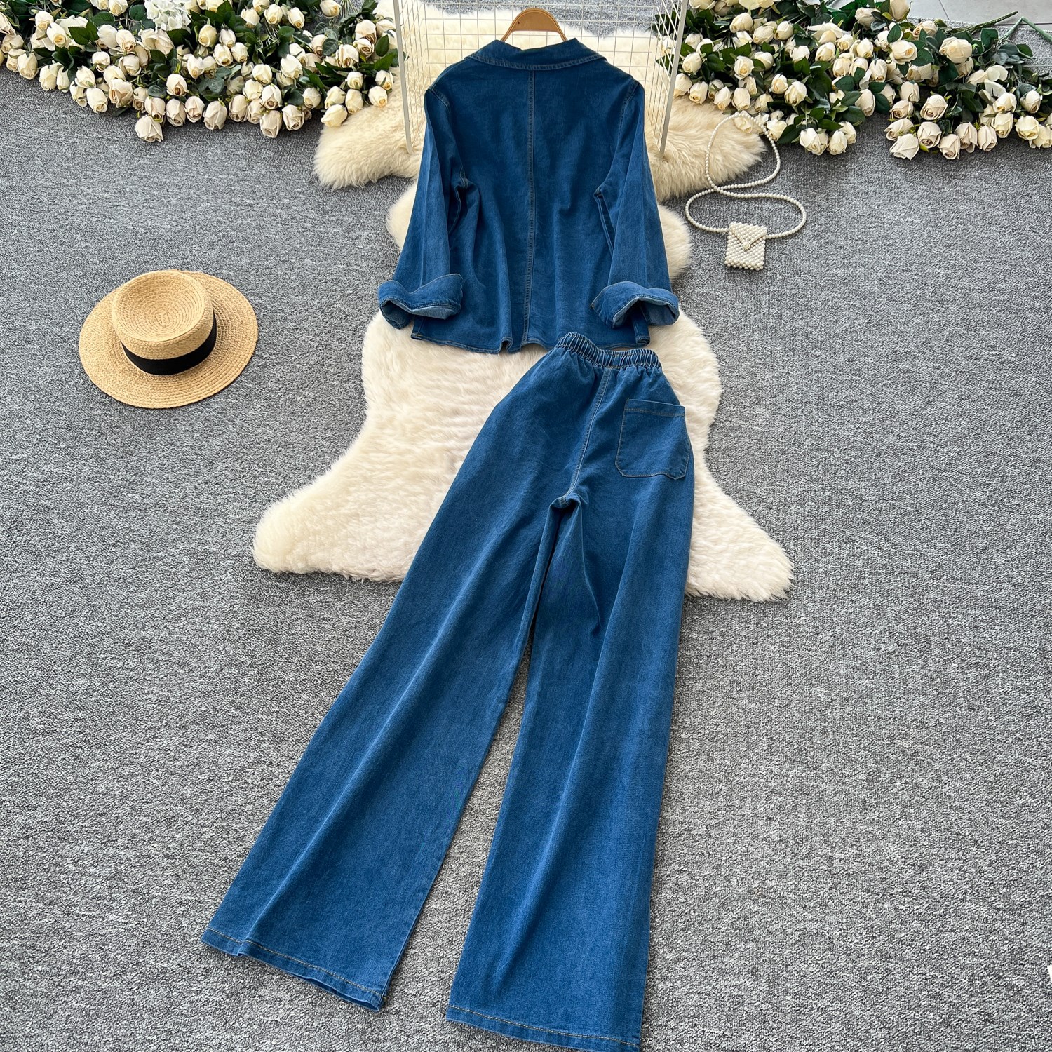 Women's Retro High-Waisted Wide-Leg Denim Pants Set With Long Sleeves Casual Autumn Fashion Top And Bottom Piece_ecoleips.com