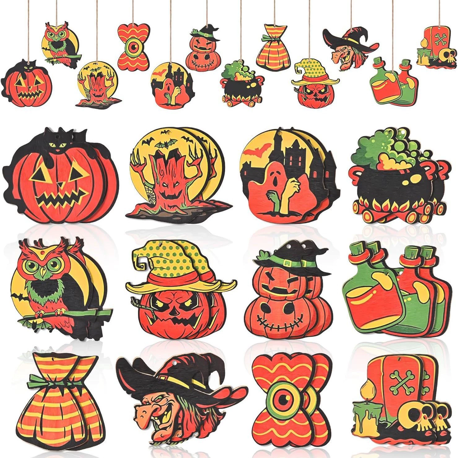 24 шт., деревянные украшения на Хэллоуин, подвесные украшения в виде призрака, дерево, скелет, тыква, сова, декоративная подвеска