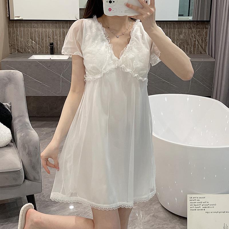 Pijamas de verano malla de hielo seda camisón chica dulce corte estilo grúa cuello en V manga corta vestido MIDI casa delgada