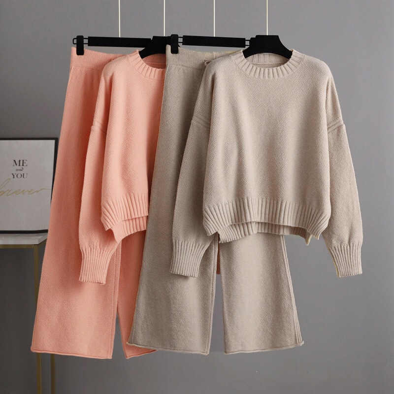 2025 Autumn/Winter New Fashion Casual Knitted Suit Pants Women's Loose Sweater Wide-Leg Pants Long Pants Two-Piece Set