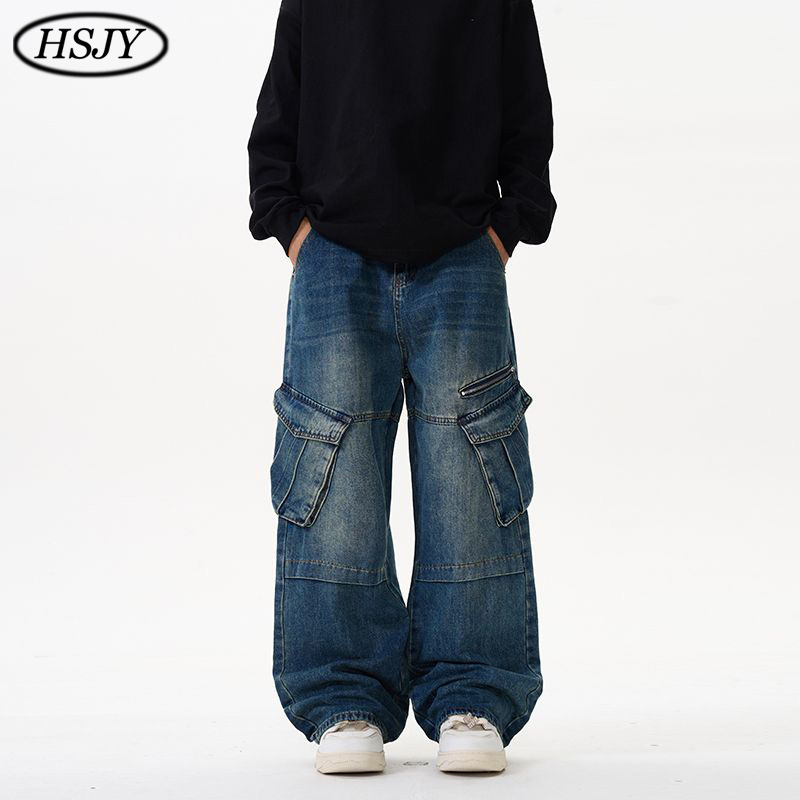 Spring and Autumn American Retro Zipper Cargo Jeans for Men and Women, Loose Straight Versatile Floor-Length Washed Trendy Pants