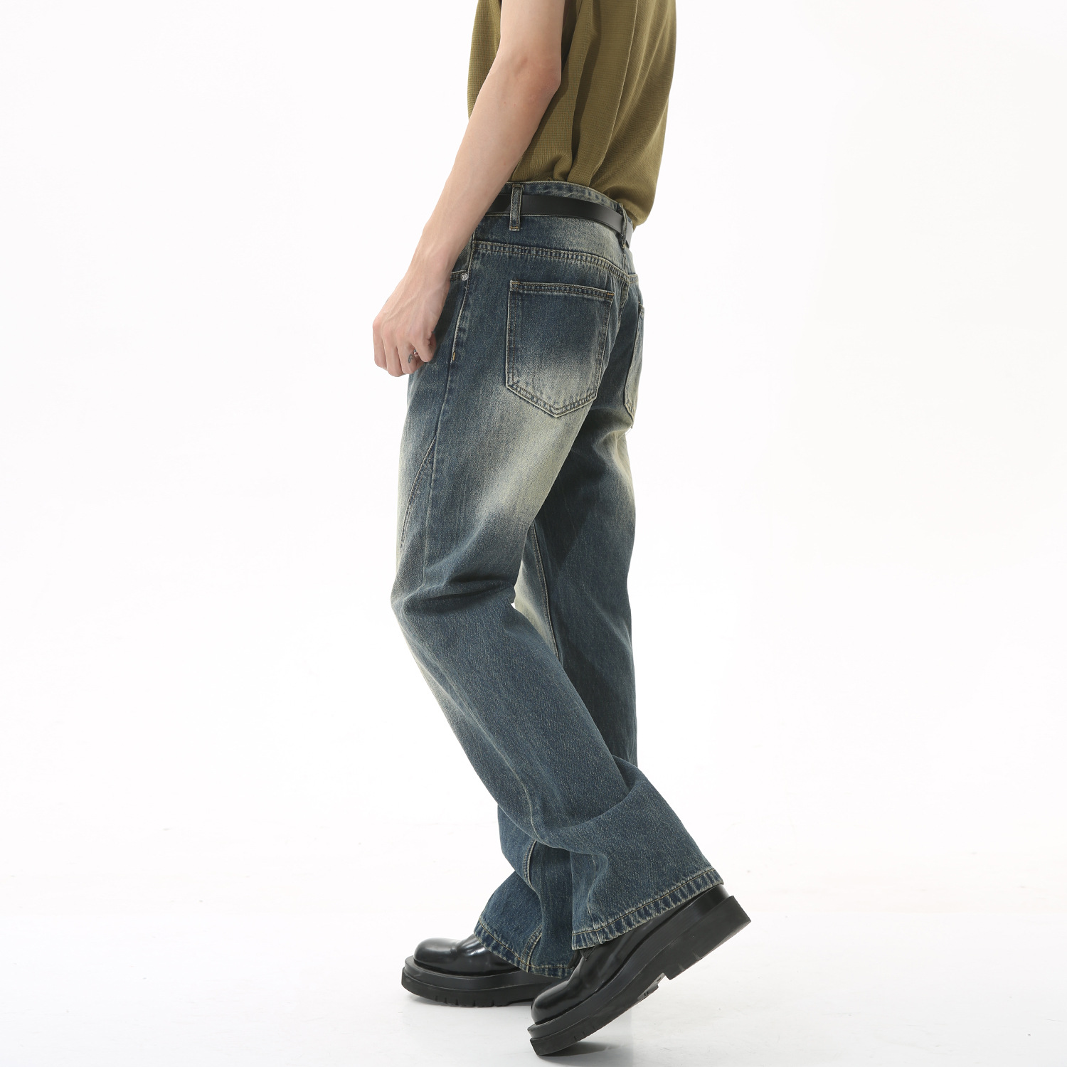 Mtlclothes ropa de Hombre | 2023 cuatro estaciones nueva recta suelta Hong Kong estilo retro apenado costura jeans