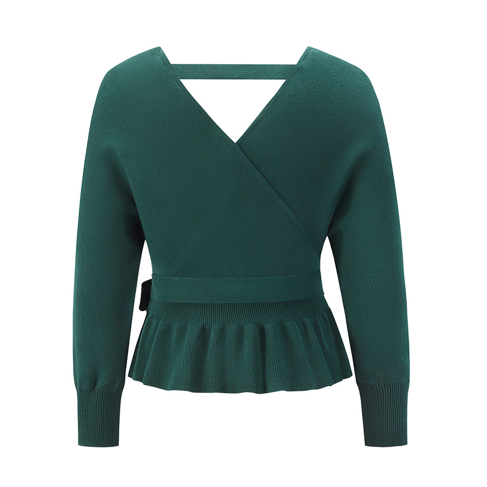 Solid Color V-Neck Bow Knitted Top NSHYG66707