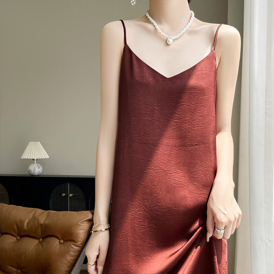 New Chinese Style Dark Pattern Jacquard Sling dress Women's Summer 2025 New Acetic Acid Satin Base National Style A- line Dress