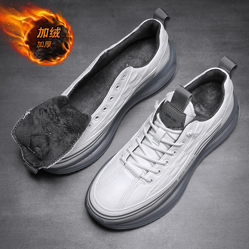 Leather Cotton Shoes for Men, Trendy European Style, Winter Crocodile Print Popcorn Dad Sneakers, Versatile with Fleece, Black Shoes