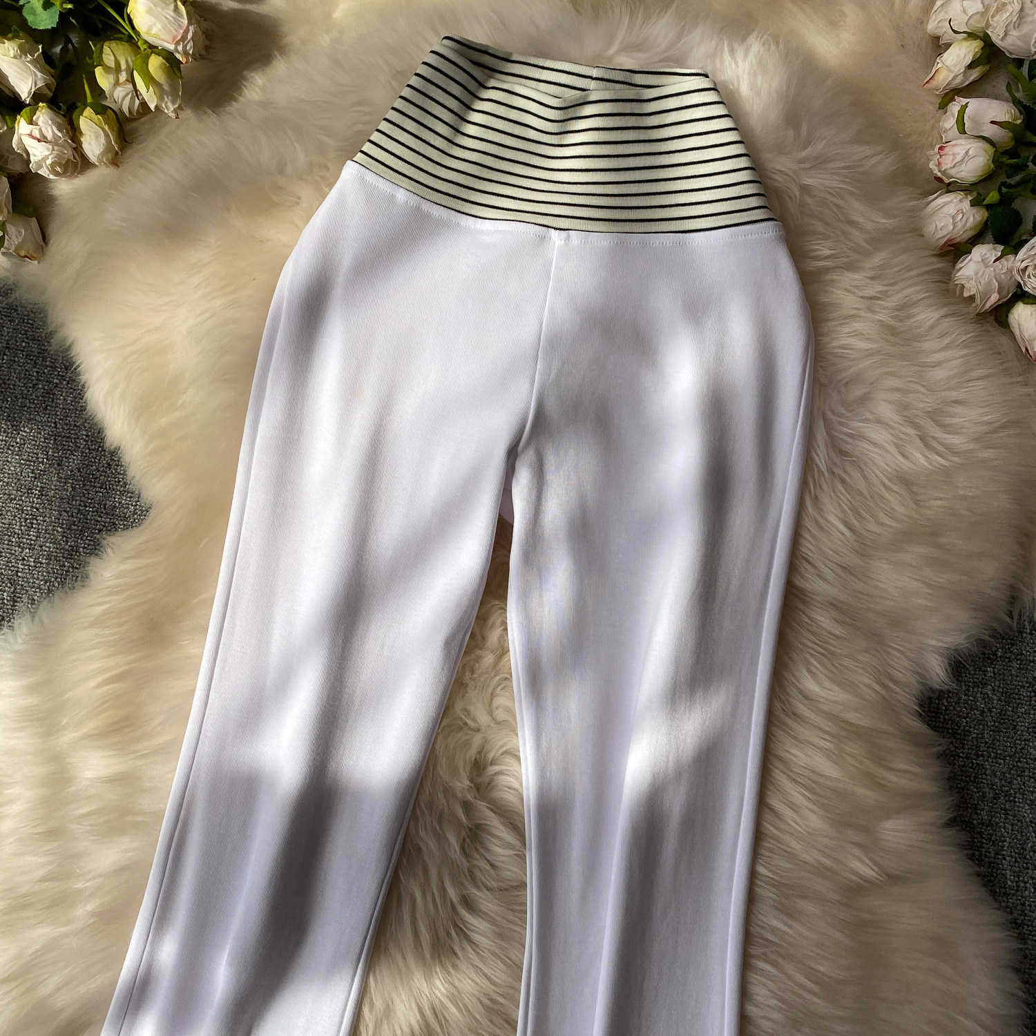 Korean Style High-Waisted Striped Flared Pants Women's Slimming Elongating Summer Bottoms Simple Stylish Polyester Capris_ecoleips.com