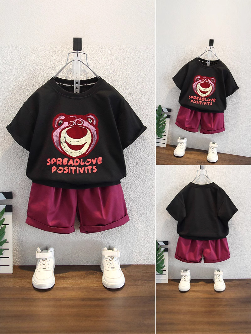 7974 Traje de manga corta de verano para niños 2025 Nuevo estilo para niños Bebé deportivo de estilo occidental Juego de dos piezas