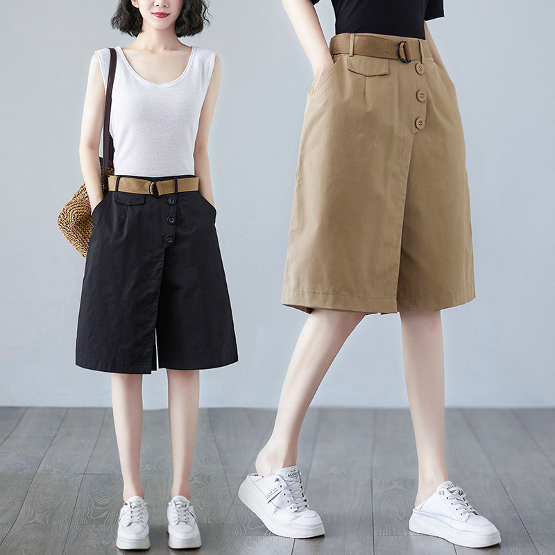 Actual Shot of 2025 Summer New Korean Style Literary Large Size Loose Casual Slim Straight Three-Point High-Waisted Half-Skirt for Women
