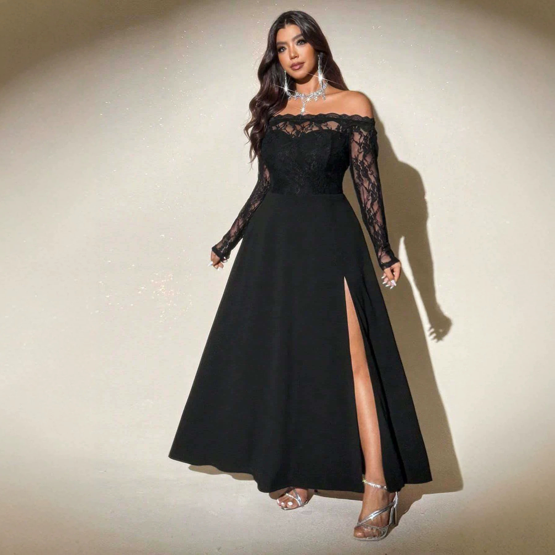 Amazon AliExpress cross-border new foreign trade women's plus-size one-shoulder lace long-sleeve maxi dress