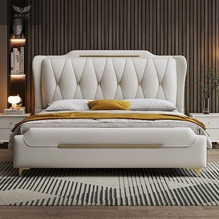 Italian-Style Light Luxury Genuine Leather Bed High-End 1.5m Master Bedroom Bed Double 1.8X 2m Luxury Double Bed High-End Wedding Bed
