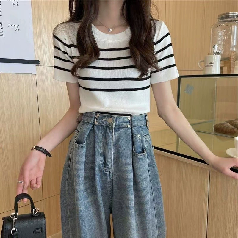 Пуловер с круглым вырезом, полосатый свитер с короткими рукавами для женщин, лето 2025, новый топ для похудения