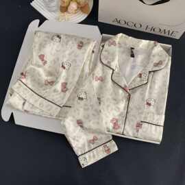 秋冬新款冰丝少女睡衣Kttiy卡通猫开衫翻领甜美学生家居服两件套