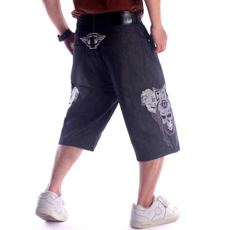 Cross-border European and American Denim Shorts Men's Trendy Loose Skateboard Pants Hip-hop plus size Skull Embroidered Capri Pants Cross-border European and American Denim Shorts Men's Trendy Loose Skateboard Pants Hip-hop plus size Skull Embroidered Capri Pants