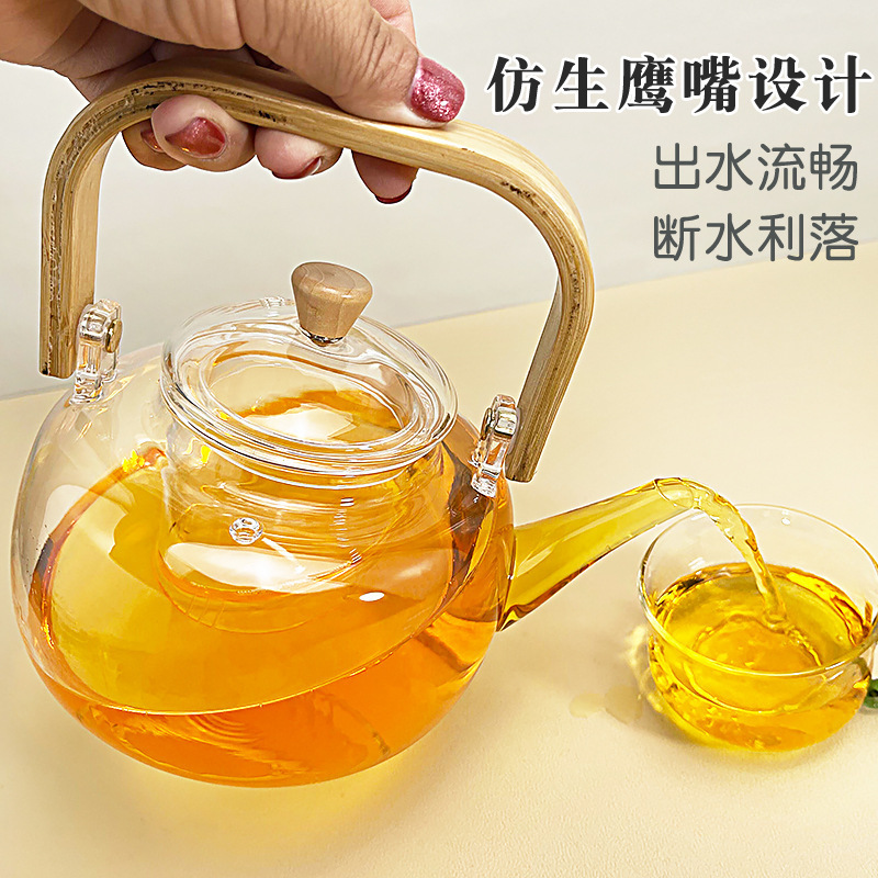 Moderno simple mango de bambú viga tetera de vidrio hervir tetera doméstica resistente a altas temperaturas de gran capacidad set de té hervidor
