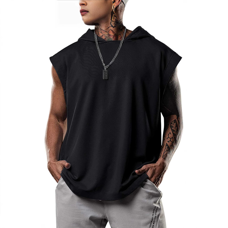 2025 Amazon New Loose Hooded Sweater Men's Sleeveless Sports Fitness European and American Fashion Pullover Stitching