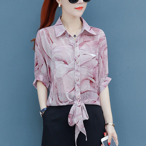 Floral chiffon blouse women's 2025 spring and summer short-sleeve shirt loose stylish mini shirt covers belly slimming shirt