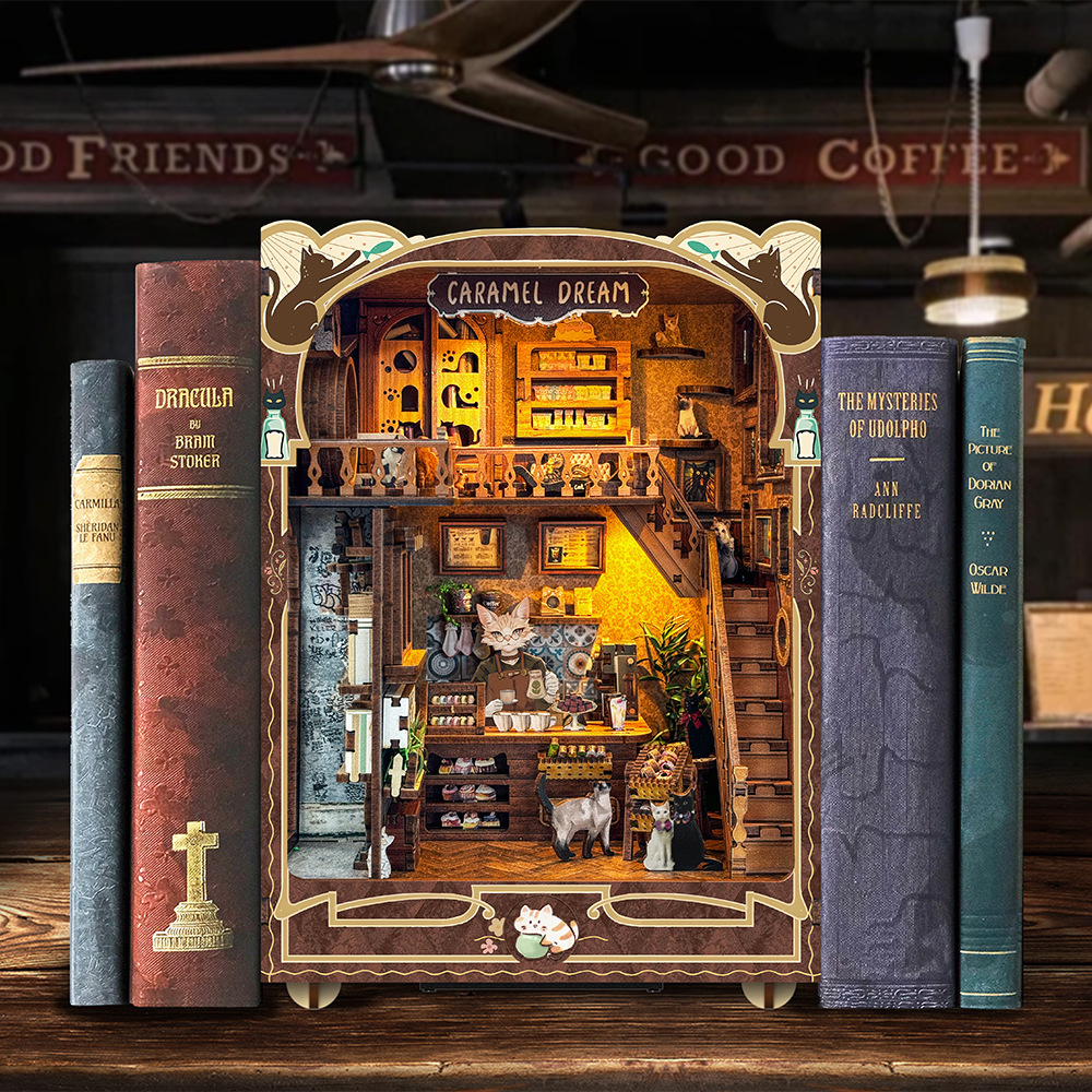 跨境熱銷新品焦糖夢境創意書立書架桌面擺件diy小屋手工木質拼裝