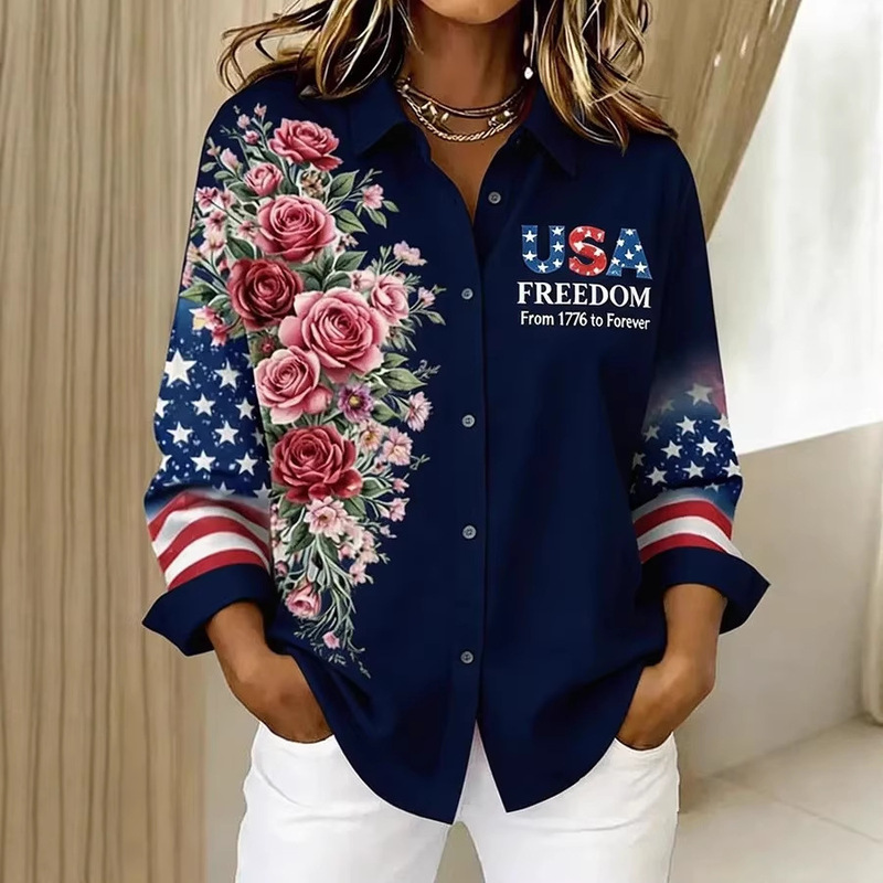 26 Cross-Border Foreign Trade 3D Digital Printing Retro Casual Long-Sleeved Shirt American Independence Day Flag Floral Design