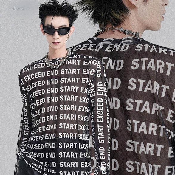 [SHOPEE Explosions] TH Cross-border Original High Neck Double Grain Bead Mesh Letter Skin-friendly Fashion Long Sleeve T-shirt