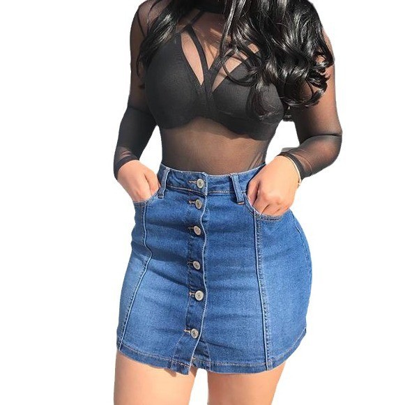 亚马逊法式新款欧美开叉排扣牛仔休闲短裙女夏季包臀裙跨境批发
