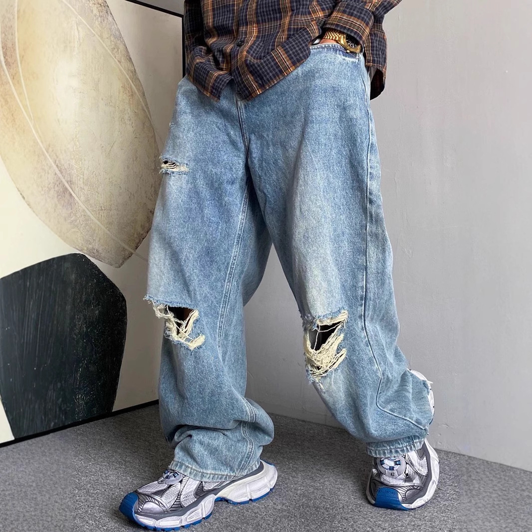 Men's Retro High Waist Dad Jeans Spring Summer Casual Loose Fit Wide Leg Ripped Straight Leg Floor Length_mkmklike.com