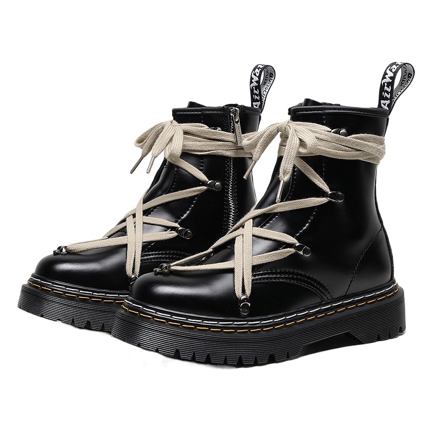 Doble Línea de Alta-top RO correa cruzada Martin botas Botas cortas personalizadas de las mujeres cremallera lateral botas de cuero punta redonda zapatos de la motocicleta